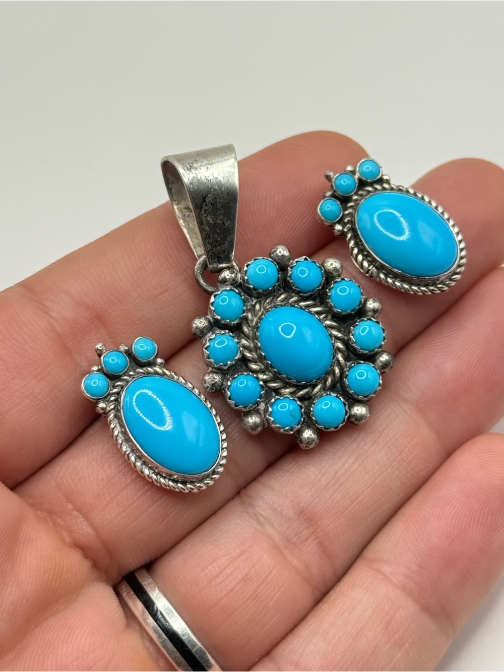 Vintage Sterling Silver Navajo Turquoise pendant & earrings by Bea Tom